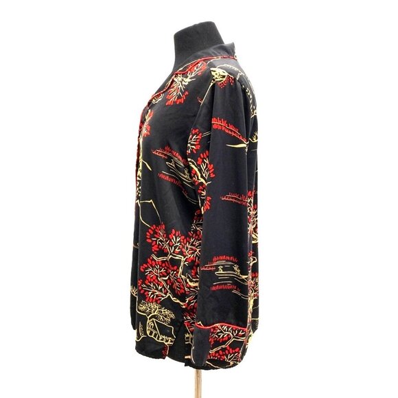 Natori Black Satin Cherry Blossom Floral Long Sleeve Button Up Shirt - Picture 3 of 13